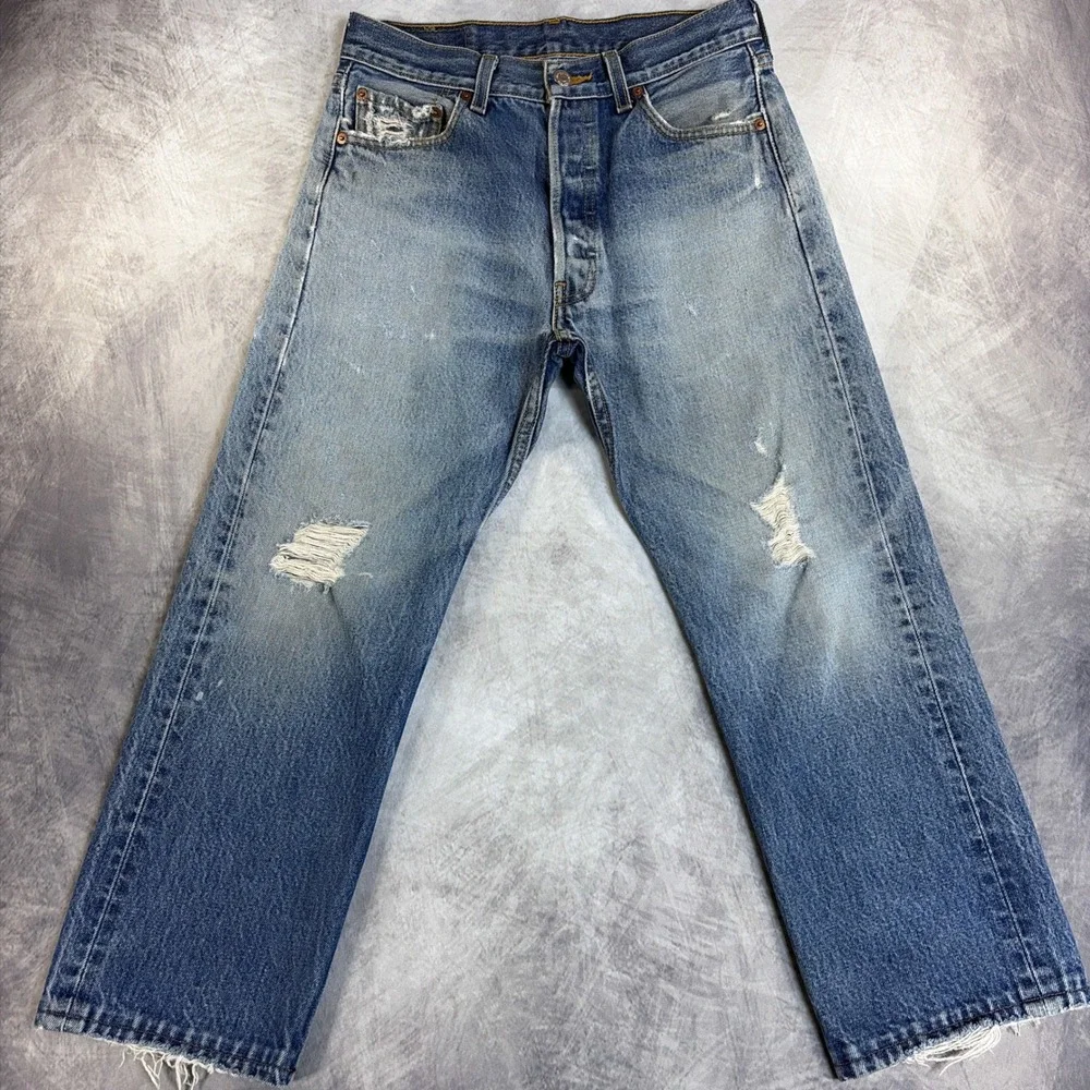 Levi's 501 Jeans Mens 31x30 Distressed Light Wash Grunge Made in Mexico Denim